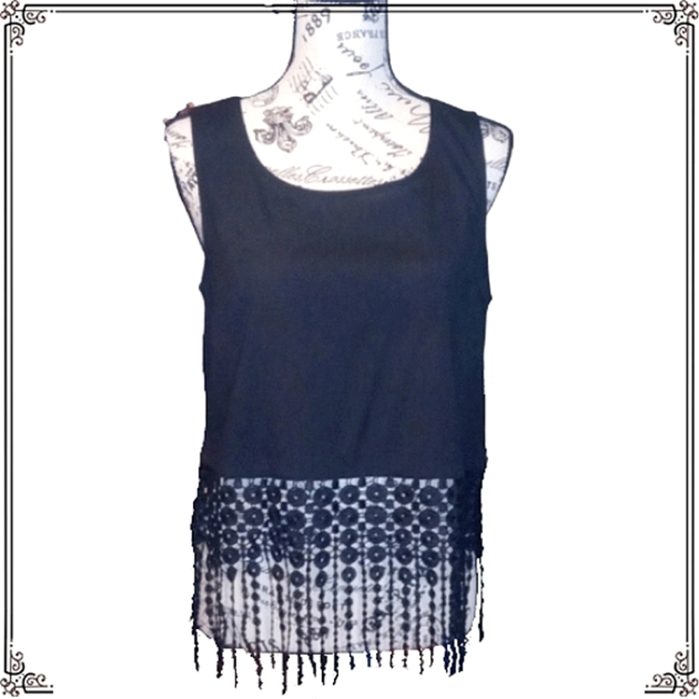 Monteau Black Embroidered Fringe Sleeveless Top Size Med